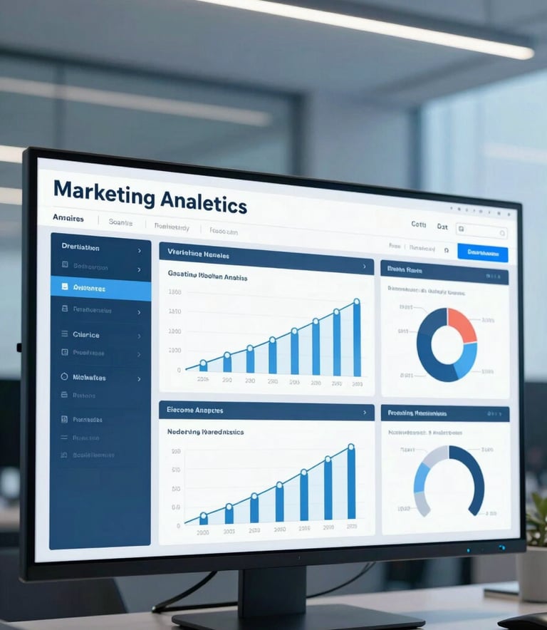 Photography of a high-end marketing analytics dashboard displayed on a screen in a modern Middle Eastern / Gulf corporate setting, professional azure blue and sky blue lighting, clean and premium composition.