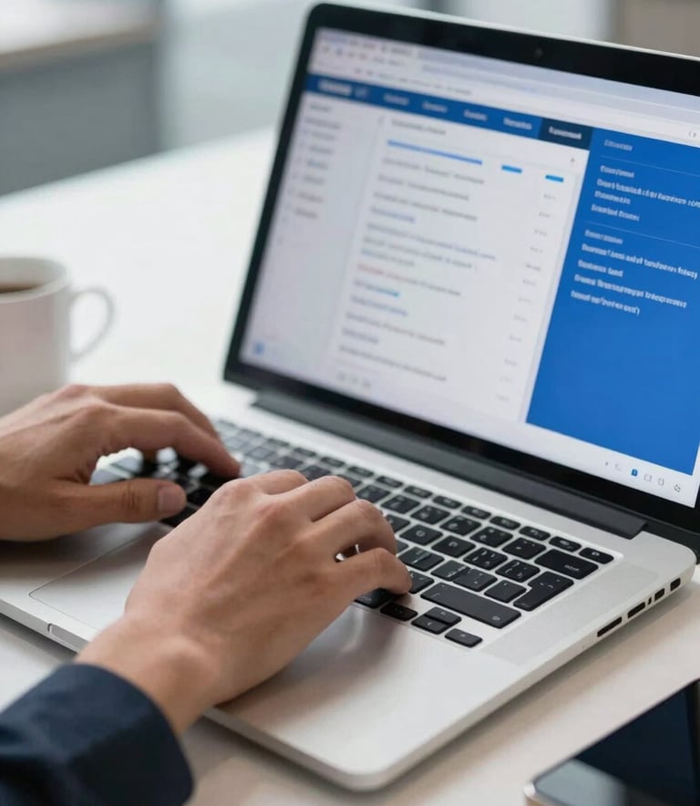 A close-up of a professional's hands typing on a high-end laptop in a bright Middle Eastern / Gulf office. The screen shows a professional marketing dashboard with sky blue and royal blue highlights. The atmosphere is modern and premium.