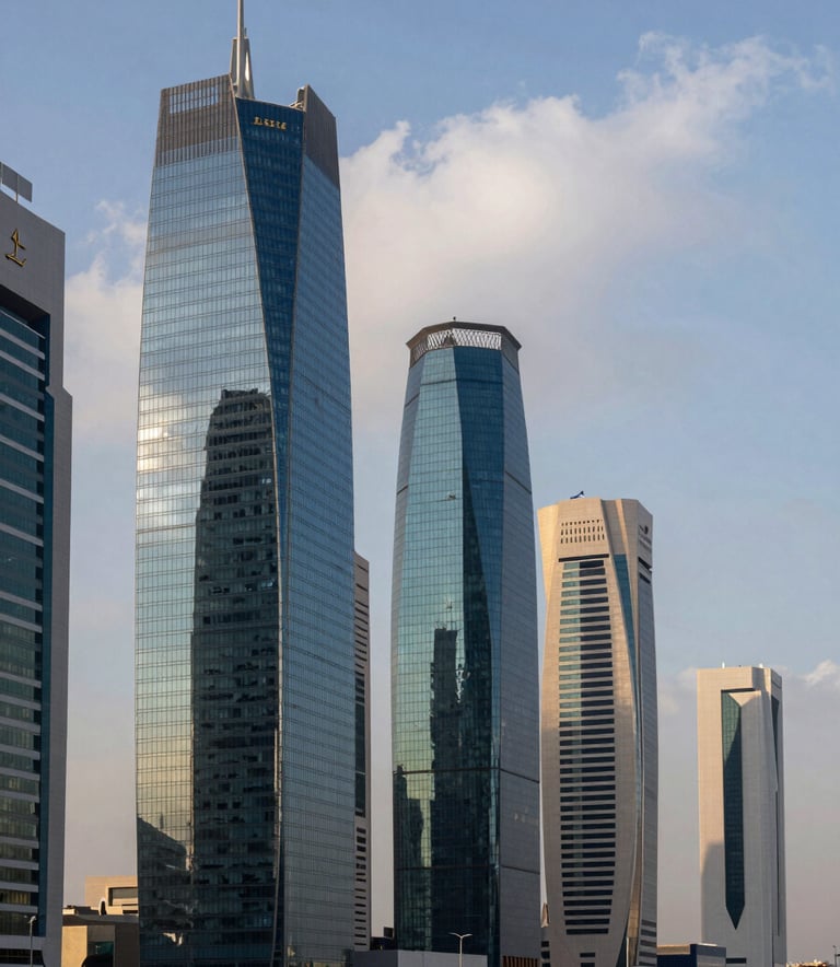A panoramic view of a modern business district in a Middle Eastern / Gulf city during the daytime. The architecture is sleek and contemporary with glass buildings reflecting the sky blue and soft cloud white sky.