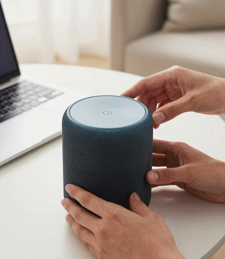 Close-up photography of a person's hands gently unboxing a new smart speaker in a clean, modern North American home office, focusing on the technical quality and sleek design.
