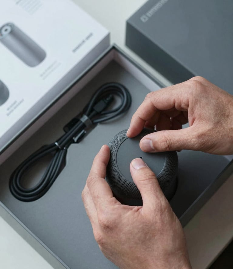 Top-down view of hands carefully opening the box of a new smart speaker, neatly organized cables and manuals visible, slate grey and light grey color palette, professional photography in a North American / US setting.