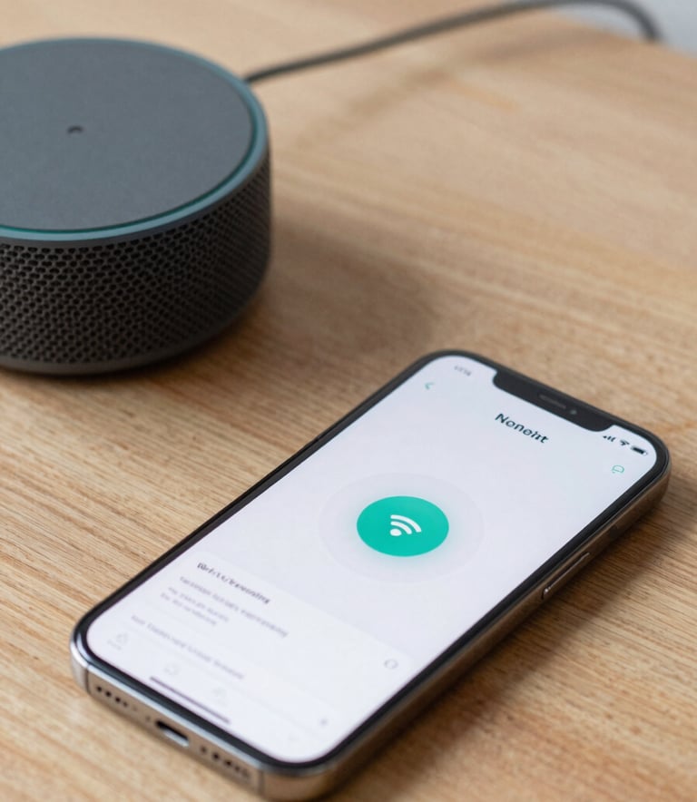 A close-up photograph of a smartphone screen showing a Wi-Fi connection interface next to a charcoal grey Echo Dot speaker on a light oak desk, North American / US home office setting, natural daylight, professional and clean composition.