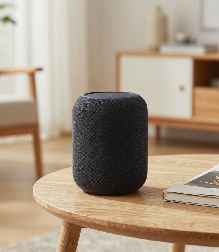 Professional photography of a charcoal smart speaker on a light wood side table in a bright, modern North American living room with soft natural light and minimalist decor.