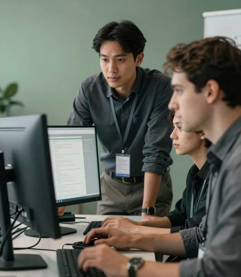 A team of professionals in a North American / International tech hub collaborating around a monitor, innovative and high-performance atmosphere, Dark Slate Grey and Muted Sage Green palette.