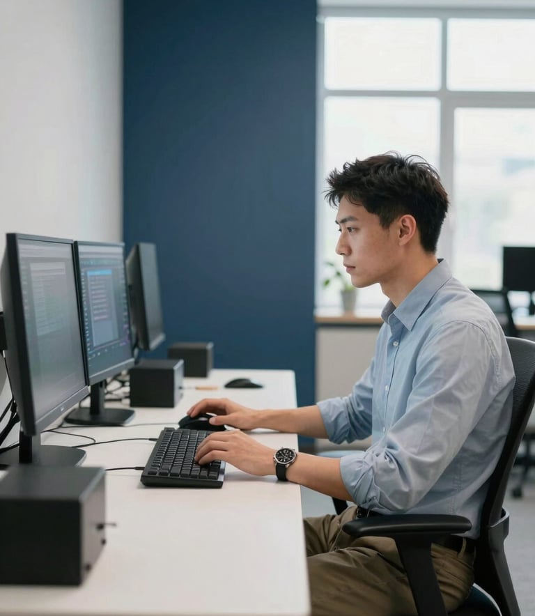 A professional developer in a modern North American / International office, sitting at a clean desk with high-tech equipment. The lighting is bright and airy, with accents of Soft Mist and Deep Charcoal Blue in the room decor. Realistic photography.