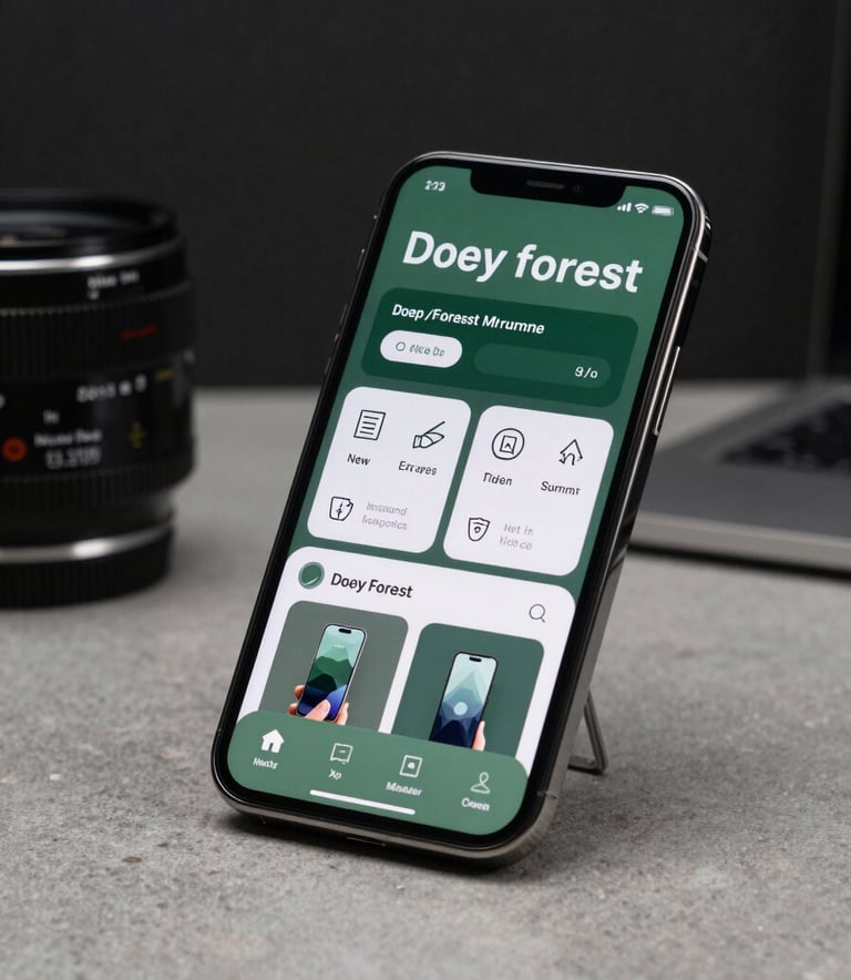 A high-end smartphone on a desk in a North American / International creative studio, showing a user-centric interface design, Deep Forest Green and Muted Sage Green tones, clean professional lighting.