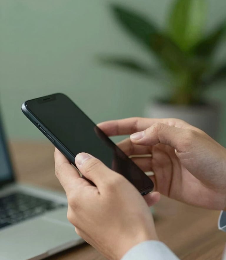 A close-up of hands interacting with a mobile device in a modern North American / International business environment. The background is softly blurred, showing a sophisticated office setting with hints of Sage Green and Forest Green. High-performance feel, photography style.