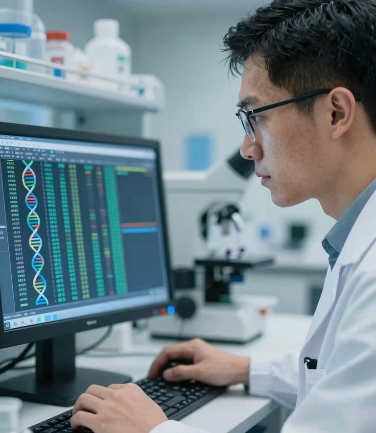 A close-up photograph of a scientist in a modern North American laboratory, focusing intently on a digital display showing complex DNA sequence data, clean and professional lighting with soft medium blue and light blue tones.