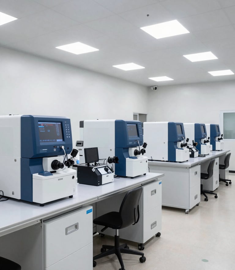 A wide-angle, high-end photograph of a modern genomic sequencing facility in the United States. The room is filled with high-tech machinery on clean white surfaces under bright, professional, neutral lighting with deep blue accents on the equipment.