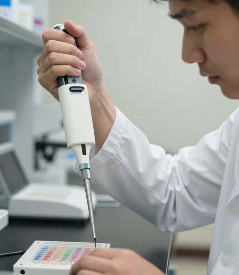 A close-up photograph of a scientist in a professional North American laboratory setting, wearing a lab coat and using a multi-channel pipette over a microplate. The background is a clean, off-white wall with soft, focused lighting. The scene captures the precision of genomic research.