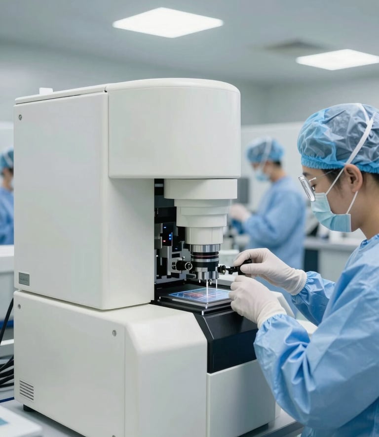 A wide-angle professional photograph of an automated genomic testing line in a bright, modern North American facility, emphasizing meticulous precision and sterile cleanliness with off white and light blue colors.