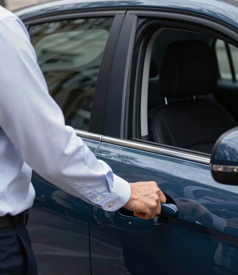 A close-up of a professional driver in a clean suit holding a door open for a passenger in a British / UK urban setting, soft blue car exterior with dark navy accents.