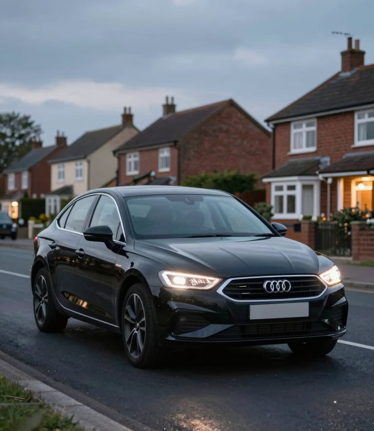 A modern, clean black car driving through a quiet suburban British / UK neighborhood at dusk, headlights illuminating the road, professional and efficient atmosphere.