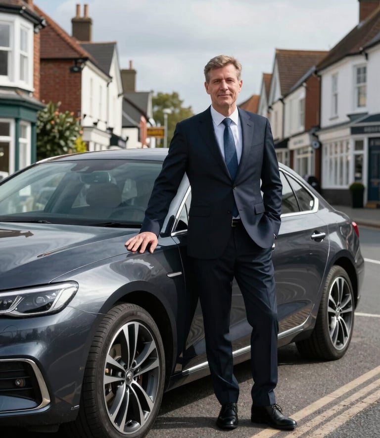 A professional driver in smart attire standing beside a polished, dark navy silver-trimmed car on a street in a British / UK town near Dartford. The scene is bright and clear, conveying reliability and modern professionalism.