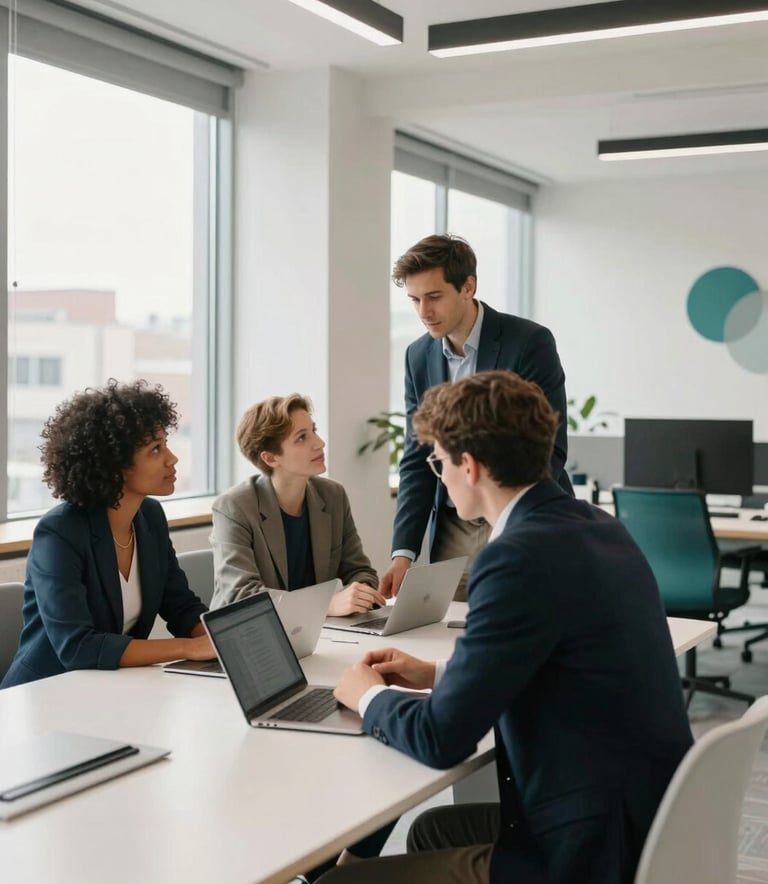 A professional wide-angle photograph of a collaborative team session in a bright tech office. Three diverse professionals are gathered around a sleek white table. One person is wearing a Dark Navy blazer. The room is filled with natural light, and the atmosphere is empowering and modern. Pale Mist and Deep Teal tones are visible in the decor.