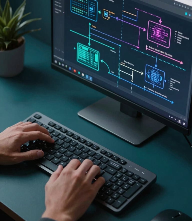 A high-angle shot of a person's hands on a modern keyboard, with a second screen displaying complex machine learning models and DevOps pipelines. The lighting is cool-toned with professional shadows, incorporating deep teal and dark navy colors in the peripheral environment.