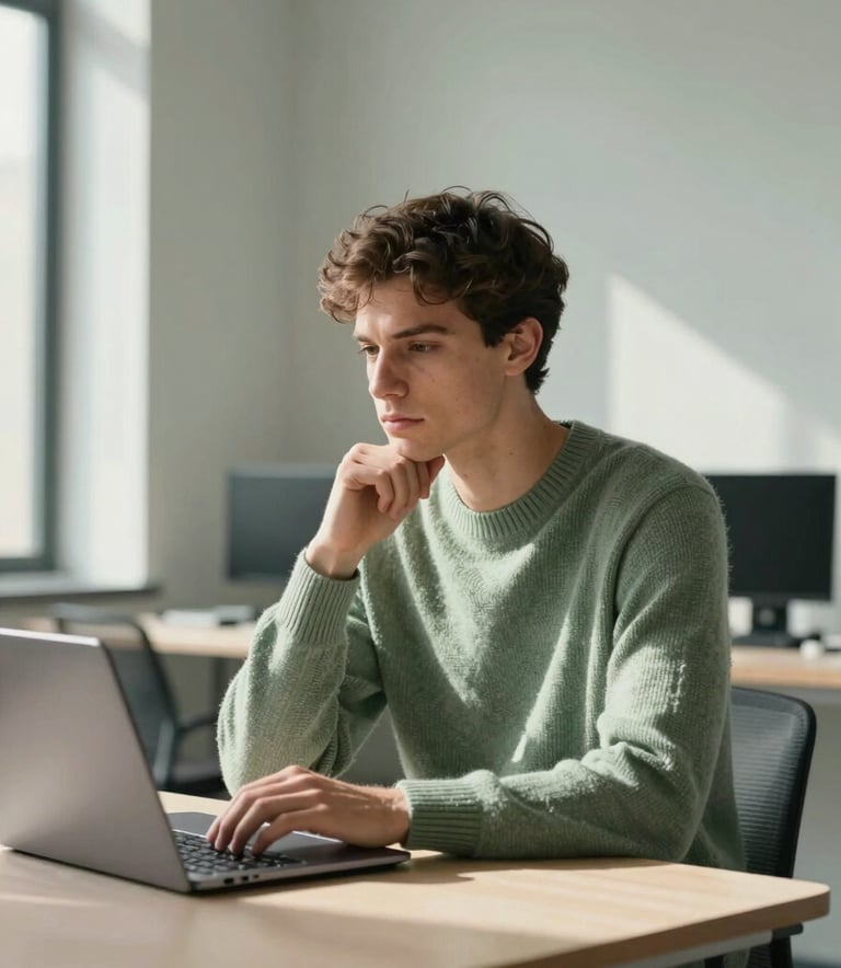 A professional photograph of a young international tech professional sitting in a sun-drenched, modern workspace. The person is wearing a Sage Green knit sweater, looking thoughtfully at a laptop screen. The background features Pale Mist walls and minimalist furniture.