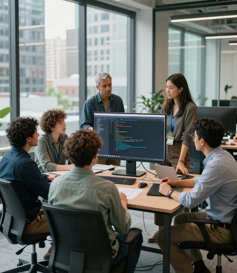 A diverse group of professional tech developers in a modern glass-walled office in a U.S. city, wearing smart casual attire, engaged in a collaborative discussion around a large monitor showing code. Lighting is bright and natural with a professional ambiance, featuring hints of deep teal and pale mist in the office decor.