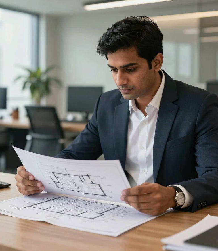 A professional real estate consultant in a modern office in Gurugram, South Asian context, looking at architectural plans on a desk.