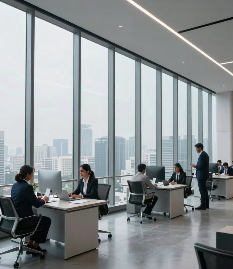 A sleek, modern corporate office building in Gurugram with floor-to-ceiling windows showing a hazy city skyline. South Asian / Indian professionals collaborating in a refined, minimalist workspace. High-end real estate environment with Silver Blue tones.