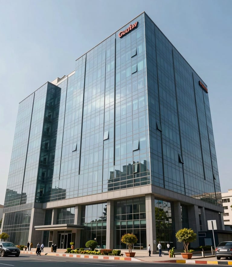 A modern glass-fronted commercial office building in Gurugram business district, bright daylight, sleek architecture, South Asian setting.