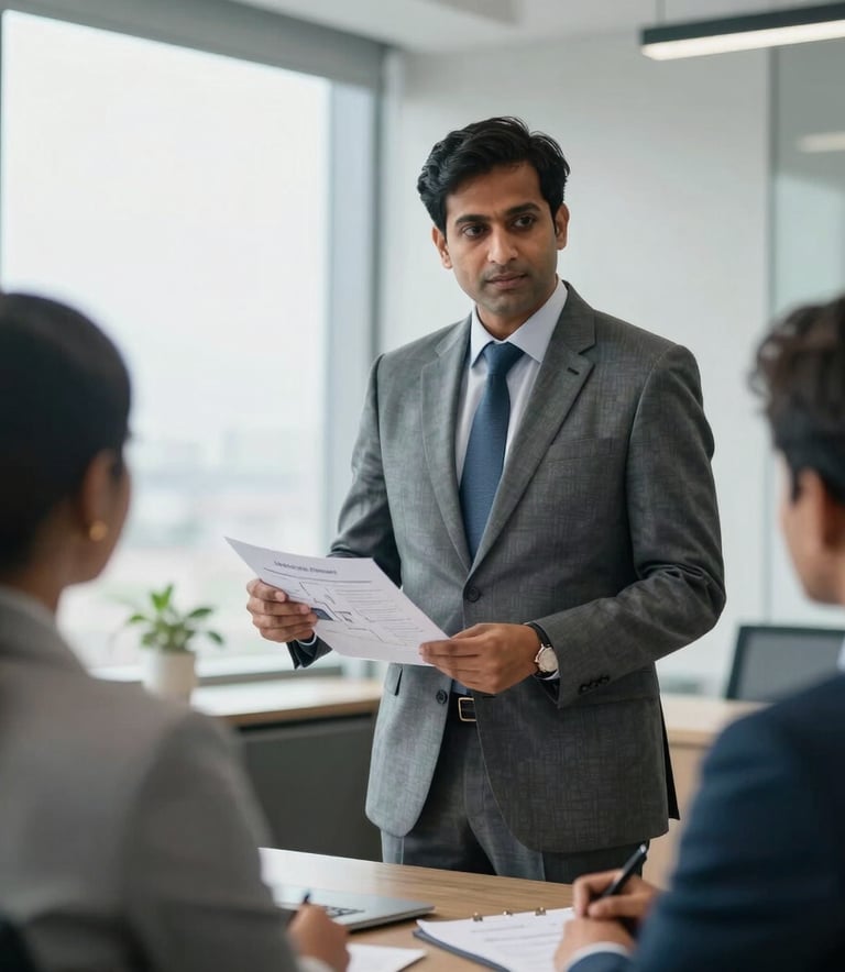 A professional South Asian / Indian consultant in formal business attire presenting a premium property layout to clients in a bright, modern office in Gurugram. Soft morning light, Steel Blue and Silver Blue tones in the background, sharp focus, professional photography style.