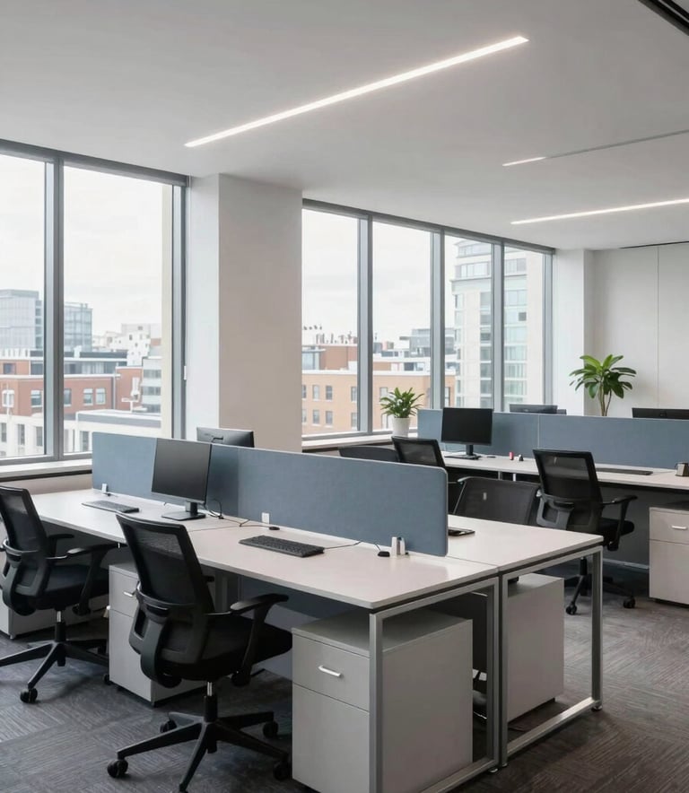 Wide shot of a bright, minimalist office in London, large windows with natural light, sparkling clean workstations, sophisticated and professional atmosphere, light gray and steel blue accents.
