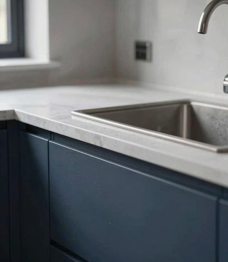 A close-up photograph of a sparkling clean Northern European domestic kitchen with polished surfaces and natural light. The aesthetic is modern and sophisticated, featuring a palette of light gray and navy blue.