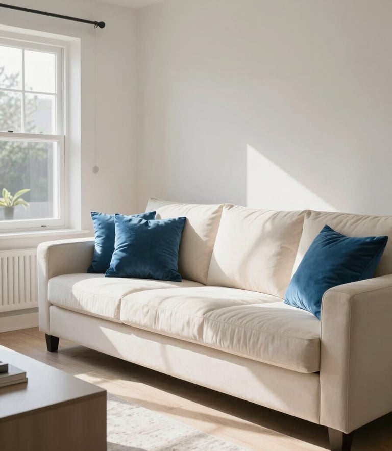 Photography of a modern, clean living room in a British home, sunlight streaming through windows, pristine cream-colored sofa, steel blue cushions, impeccable presentation and spotless environment.