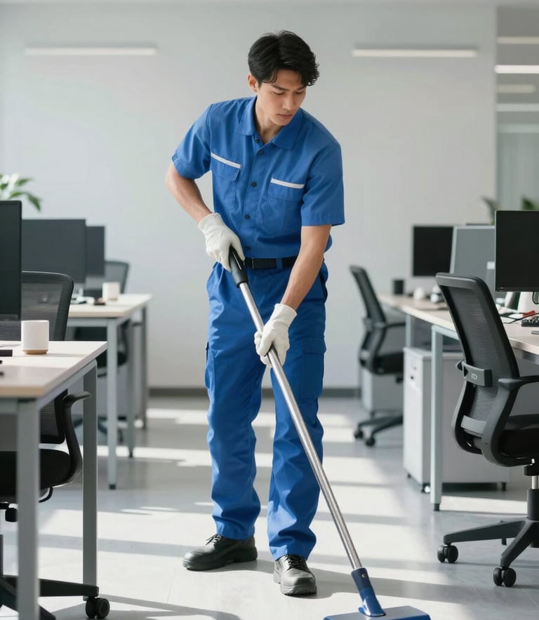 A professional cleaner in a neat uniform working in a modern, sunlit British office environment. The scene is dominated by pristine light gray and medium blue tones, showing specialized equipment and a spotless floor.
