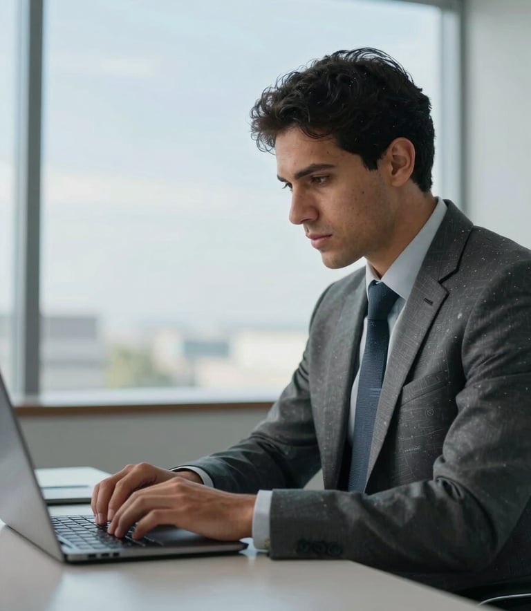 A professional South American / Brazilian man in business attire sitting in a brightly lit, modern office, focused on a laptop screen with data visualizations, sky blue and charcoal grey tones in the background.