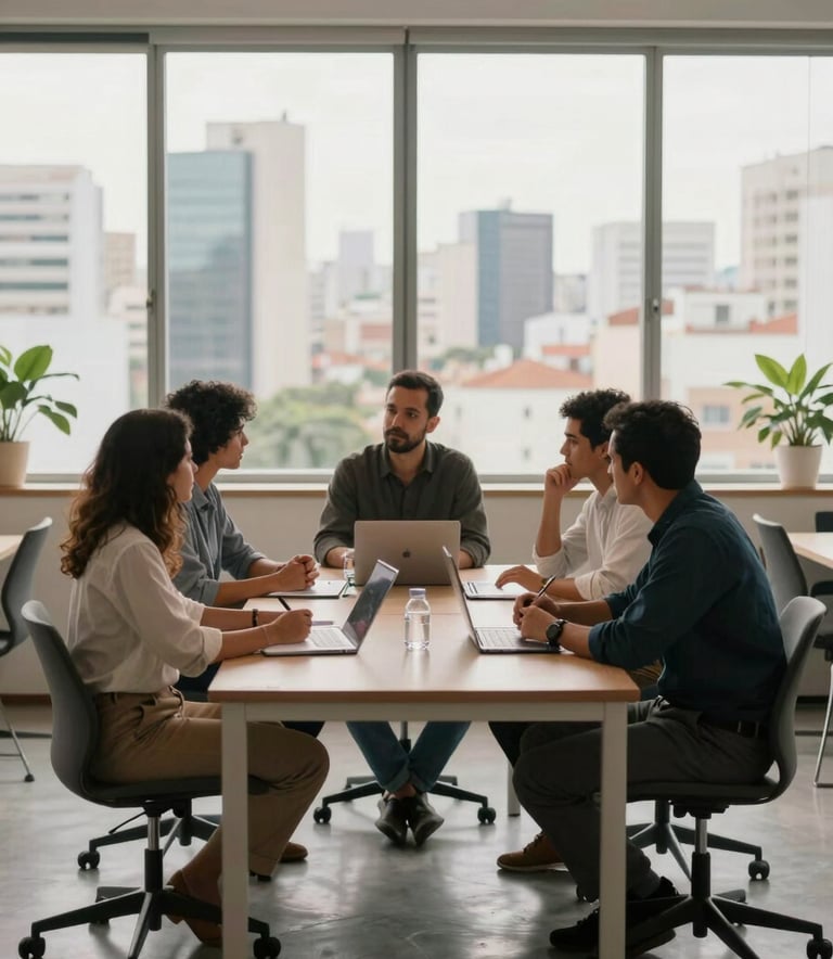 A collaborative workspace in Brazil where professionals are engaged in a strategic meeting, minimalist office furniture, large windows showing a blurry urban skyline, soft and natural morning light.