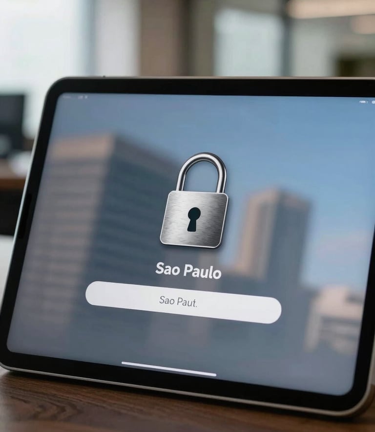 A close-up photograph of a professional tablet display showing a secure login interface with a metallic lock icon, set against a blurred modern office in Sao Paulo, South American / Brazilian corporate setting, featuring a palette of slate grey and sky blue.