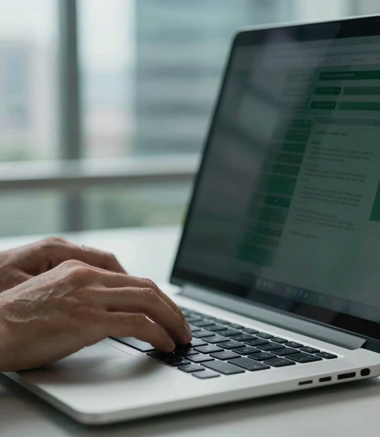 A close-up of a professional's hands working on a sleek, modern laptop in a high-tech office in Sao Paulo, South American / Brazilian setting, clean composition with soft daytime lighting reflecting off glass surfaces, using a palette of light blue and dark forest green.