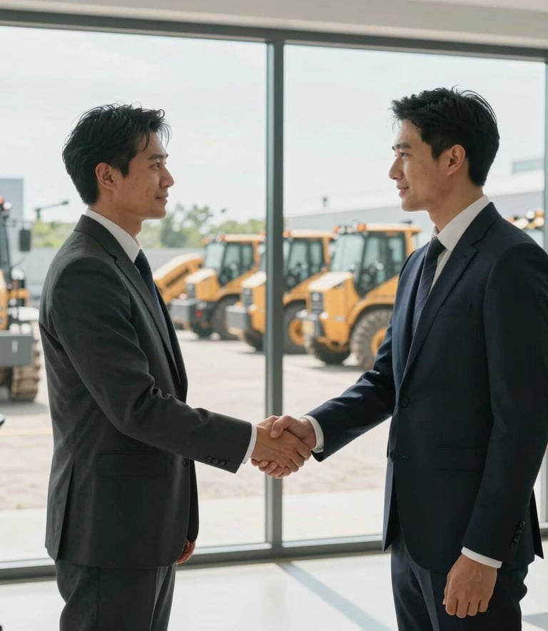 A sharp, modern photograph capturing a professional handshake between two individuals in business attire within a bright, contemporary North American office. Through the large glass windows behind them, a fleet of heavy equipment is neatly organized in a sunlit lot. The scene radiates trust and successful partnership.