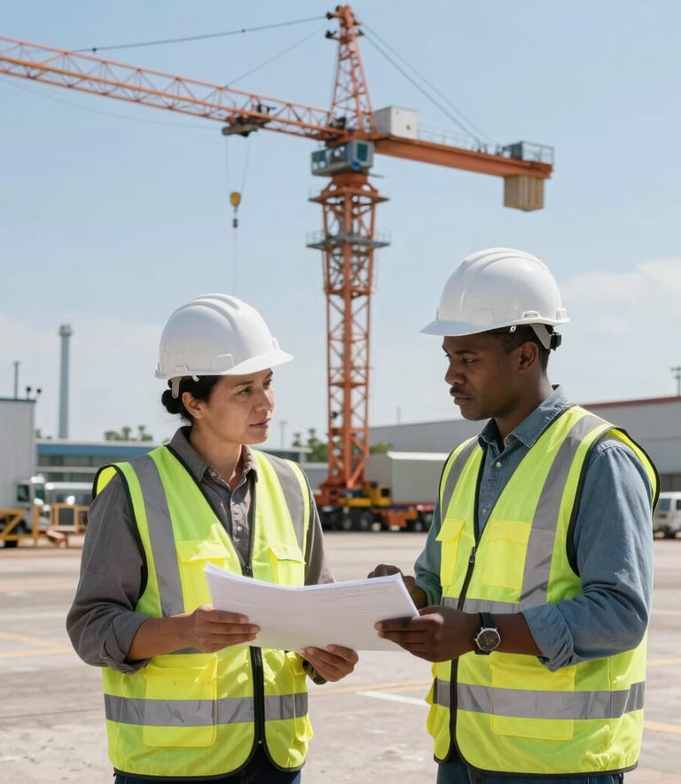 A medium shot of two professionals in safety vests and hard hats discussing a project next to a large crane on a clean North American industrial site, bright sunny day, professional and efficient atmosphere.