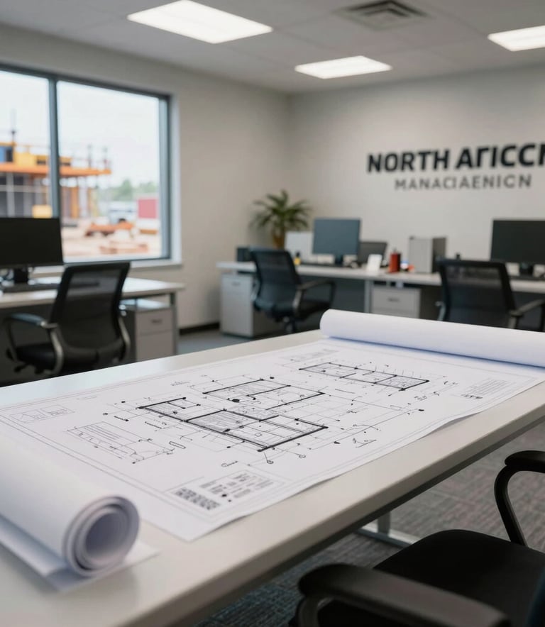 A wide-angle shot of a professional North American construction site management office, featuring a clean layout and blueprints on a table, soft daylight, professional and clean aesthetic.