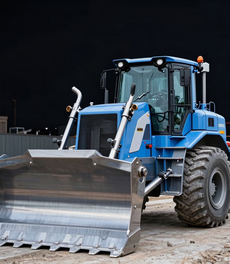 A professional architectural photograph of heavy construction machinery on a commercial development site in the United States. A high-end bulldozer stands prominently in the foreground with steel blue and light blue reflections on its polished surfaces. High contrast and sharp focus.