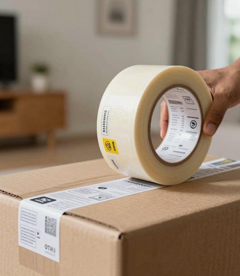 Close-up photography of professional packing tape and logistics labels being applied to a sturdy cardboard box, with a blurred background of a modern South Asian residential interior, soft daylight, professional and clean aesthetic.
