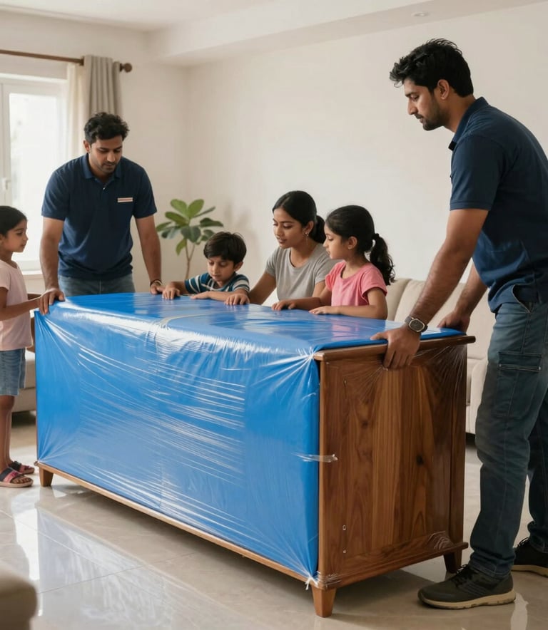 A detailed indoor shot of a South Asian family home where professional movers are wrapping a large wooden furniture piece with protective thick blue padding and clear wrap. The setting is clean and well-lit, reflecting a stress-free experience.