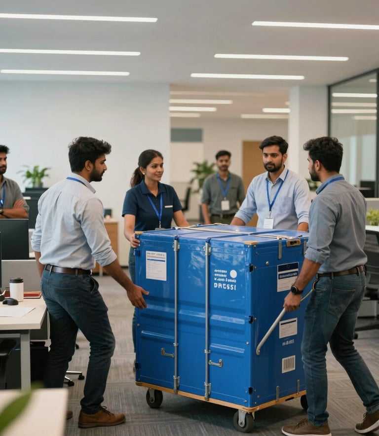 A professional photography shot of an office relocation in progress in a modern Indian tech park. South Asian staff are watching as movers transport large, blue-labeled crates efficiently. Professional, bright, and organized atmosphere.