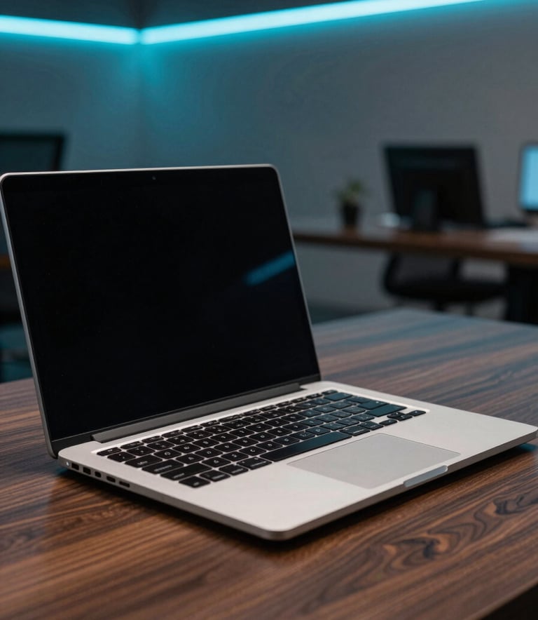 A premium close-up shot of a high-performance laptop on a polished dark wood desk. In the background, modern teal and slate blue LED lighting strips create a tech-forward atmosphere. The setting is a professional, high-end office environment.