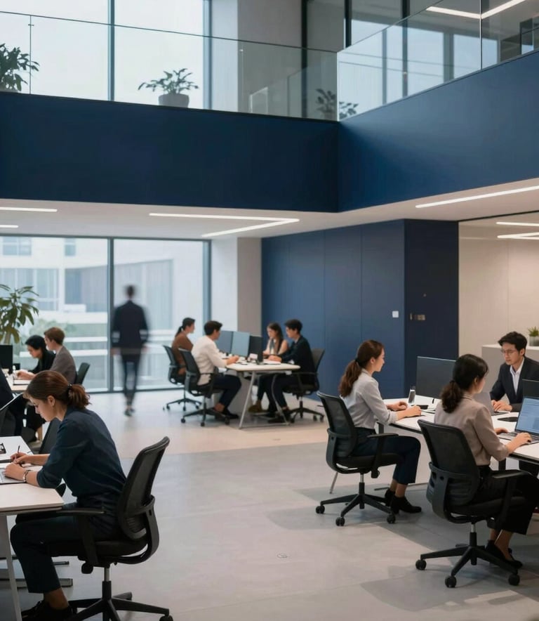 A high-angle photograph of a modern, minimalist collaborative workspace in a tech hub. Professionals are seen in soft-focus background, dressed in business-casual attire appropriate for a high-end European tech office. The lighting is sophisticated with soft sky blue and deep navy accents, highlighting clean lines and glass surfaces.