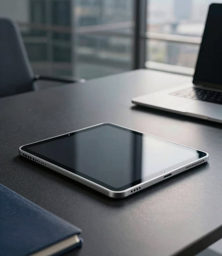 A professional desk setup in a modern tech office in a high-rise building. A premium tablet sits on a charcoal black surface, reflecting soft silver ambient light. The scene is minimalist with navy slate accents, focusing on modern productivity.