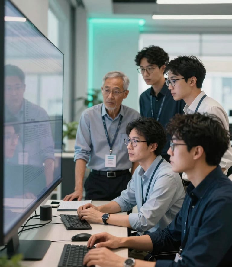 A group of professional software engineers collaborating in a bright, modern tech hub. They are dressed in smart-casual business attire, looking at a large screen with soft silver reflections and modern teal ambient lighting.