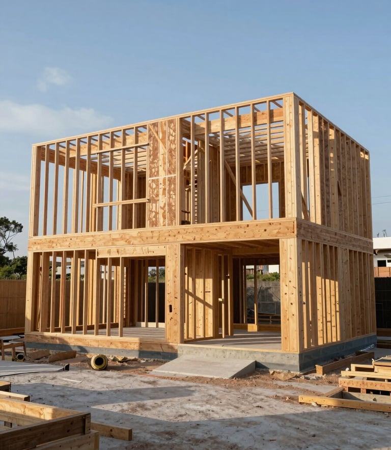A modern South American residential home under construction showing different stages of wood and metalcon framing, clean construction site, bright morning light, professional documentary style.