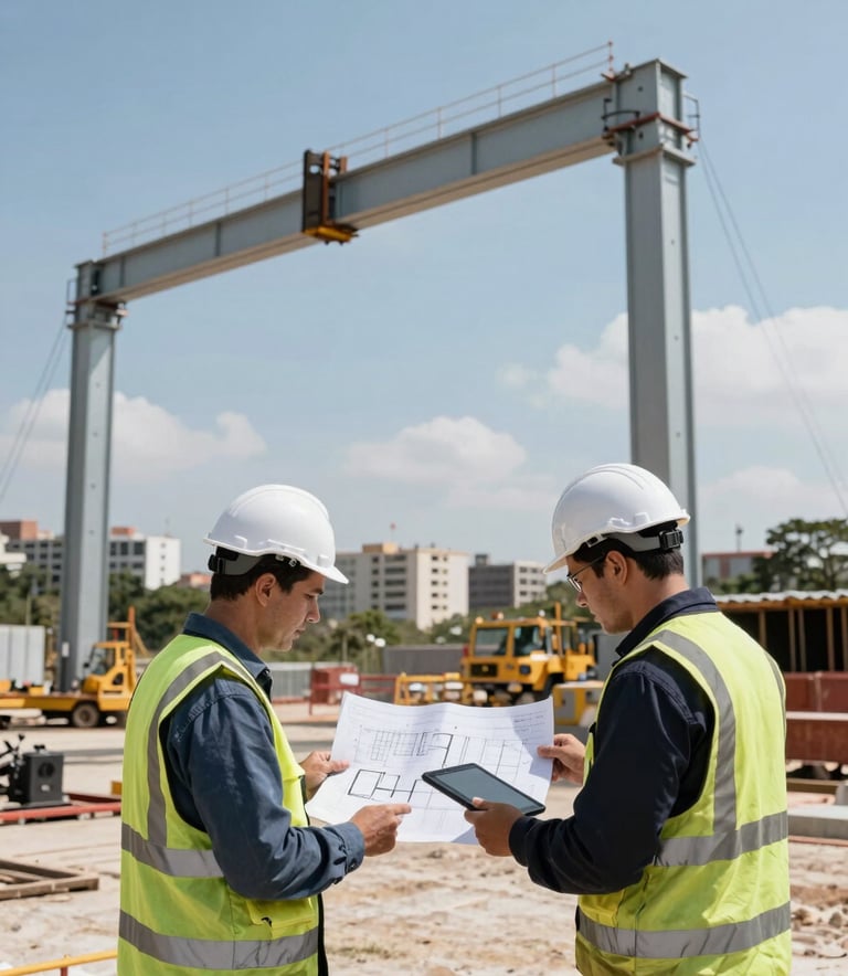 Wide shot of a South American construction site where a large metallic structure is being erected. Professional engineers in safety gear are reviewing architectural plans on a tablet. The background shows a clear sky and urban development. Colors include light blue, grey, and dark navy.