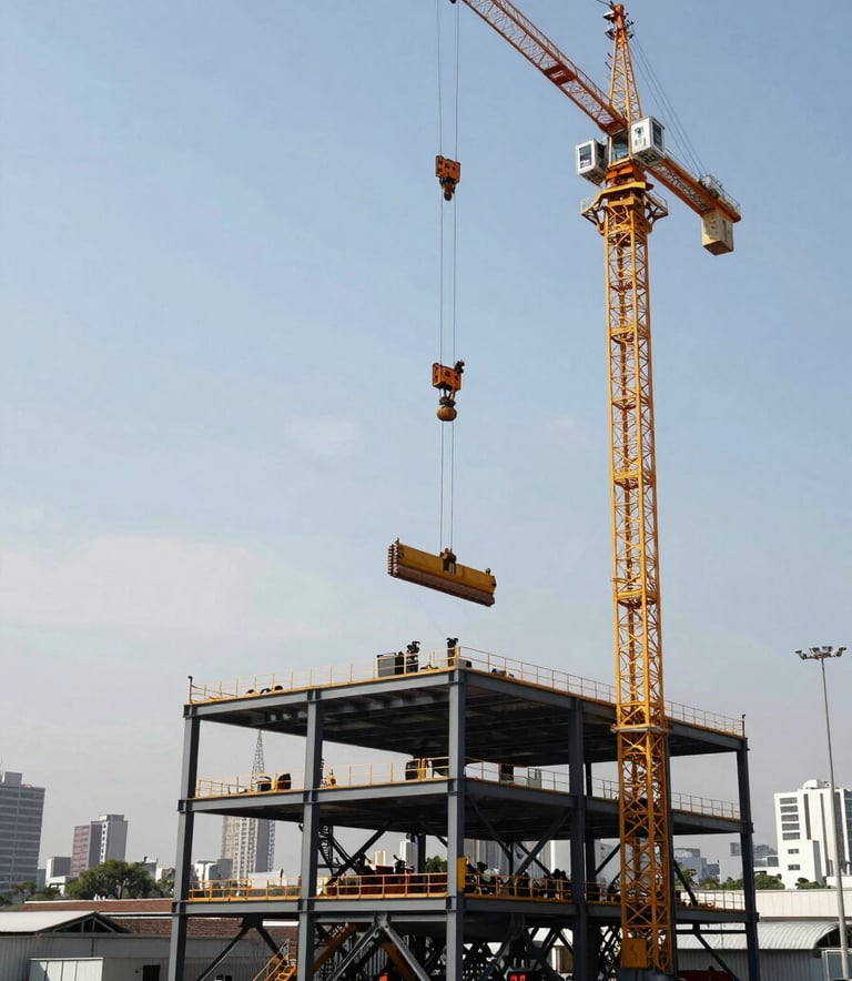 Wide shot of a massive industrial steel structure being assembled by a crane, engineering precision, South American urban background, clear sky, professional architectural photography.
