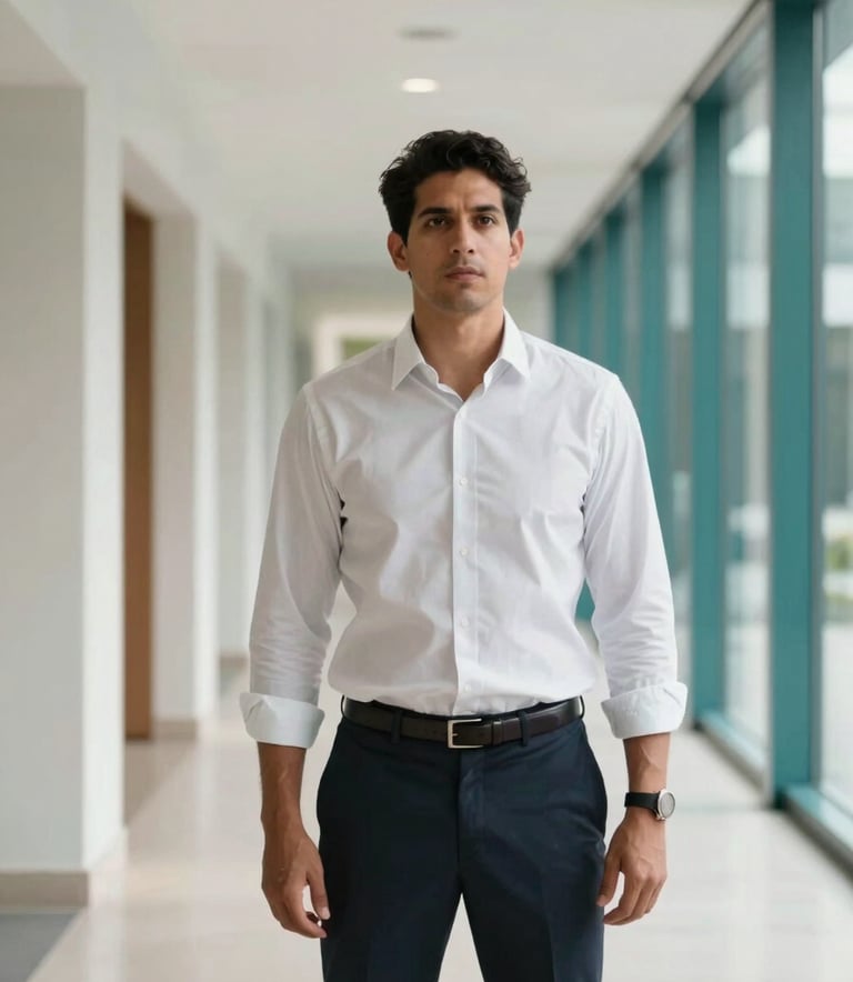 A professional South American individual standing in a bright, modern corridor of a business center, looking forward with an empowered expression. The composition is clean and minimalist, featuring off-white and teal architectural details.