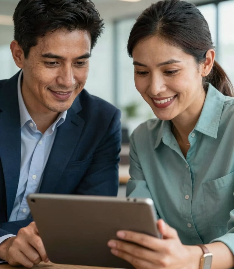 A close-up of a mentoring session between two professionals in a modern South American office setting. They are looking at a tablet together, smiling with confidence and hope. The lighting is bright and warm, using a palette of dark blue and light teal.